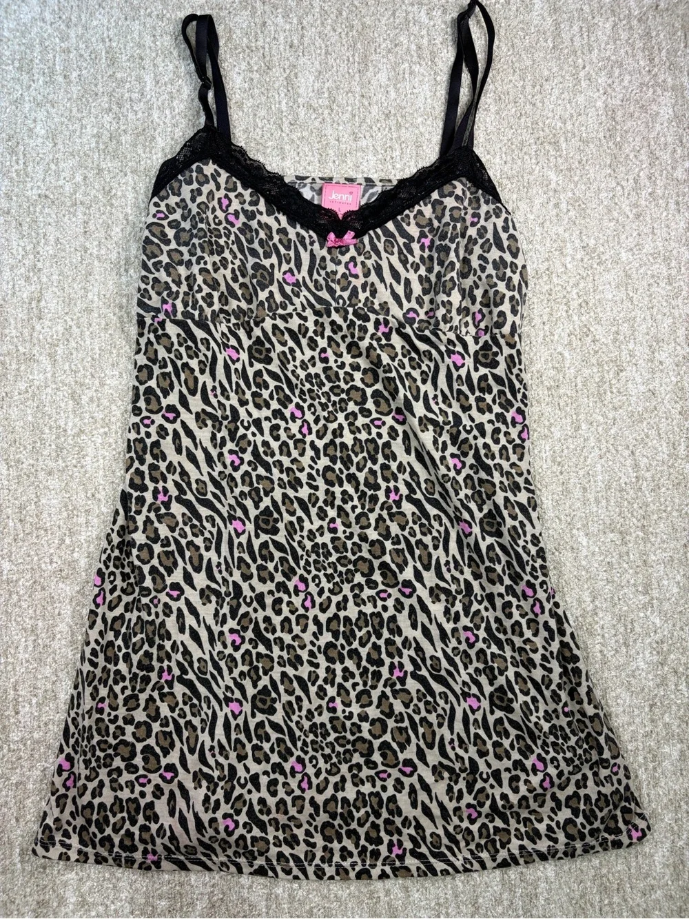 Y2K Jenni Leopard-Print nightgown with Black Lace and Pink Accents